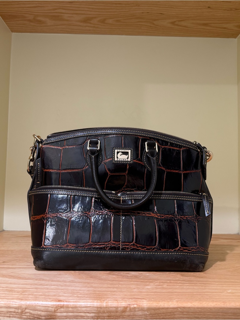 Dooney & Bourke Black Croc-Embossed Satchel with Brown Trim